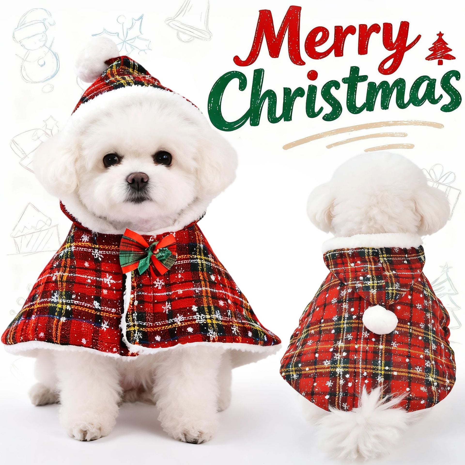 Cat wearing a red Christmas plaid hooded cape