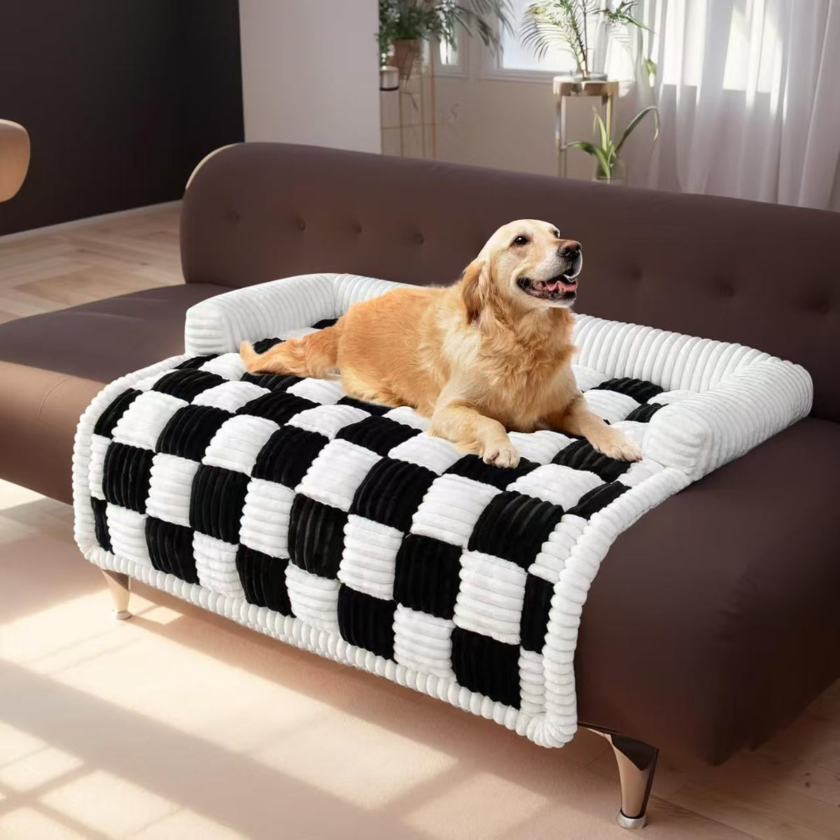 Dog lying on a black and white plush pet mat
