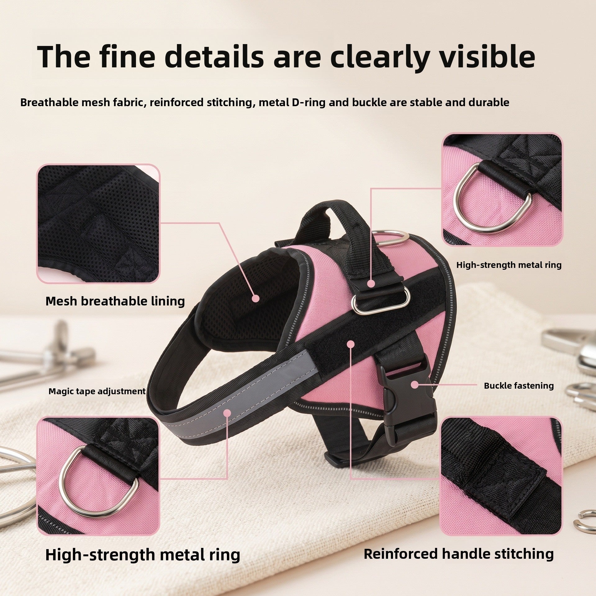 Reflective escape resistant dog harness in black, view 1
