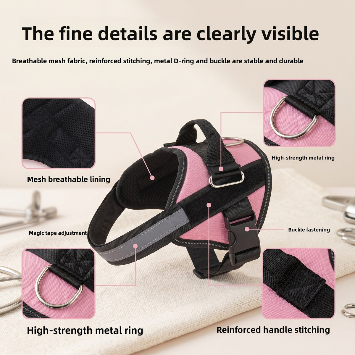 Reflective escape resistant dog harness in black, view 1