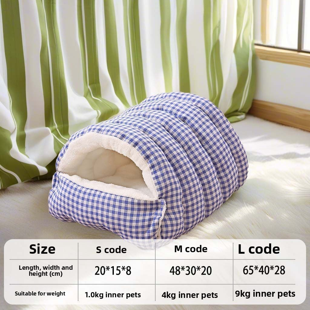 Enclosed warm cat nest with checked fabric and removable cushion, view 7 of 12