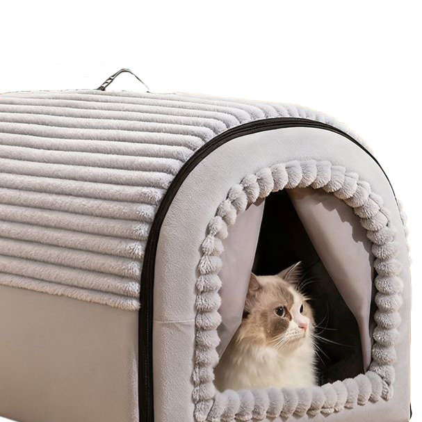 Grey enclosed pet house tent with door curtain, view 1