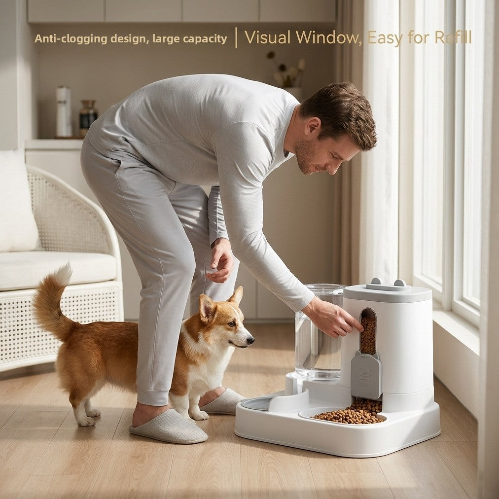 Large Capacity Pet Feeder and Water Dispenser with Anti-Blockage and Detachable Design