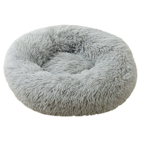Light grey round long plush pet bed for cats, photo 3