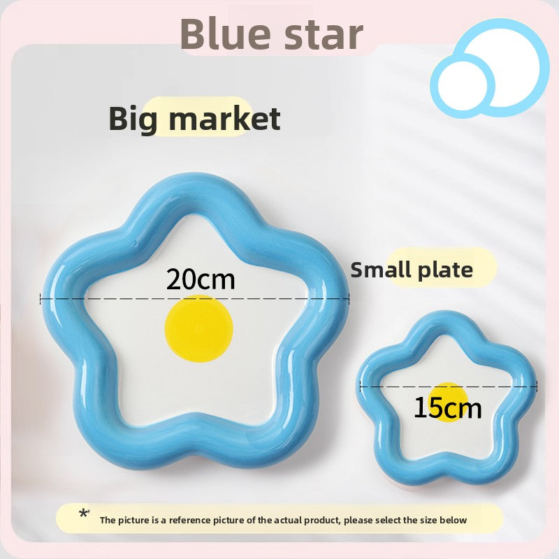 Shallow ceramic pet food plate with cute bear design in blue and pink, view 35
