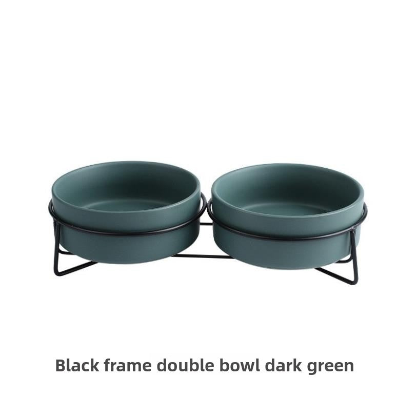 Raised glazed ceramic pet bowl on a stand in pastel yellow, view 14