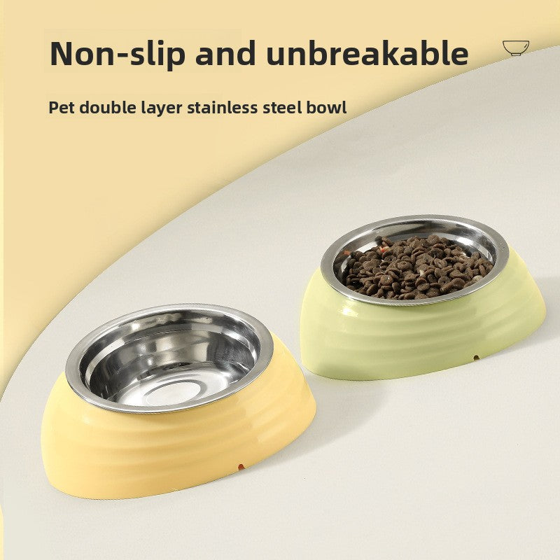 Slanted pet food bowl with stainless steel insert in light green, view 3