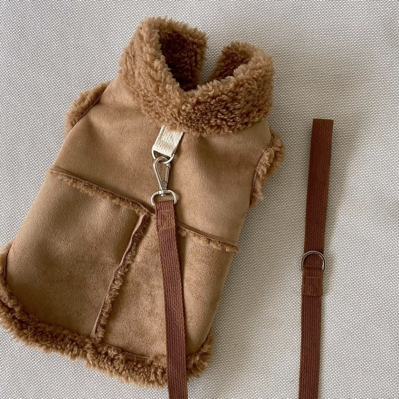 Soft brown suede effect dog vest with harness style fit