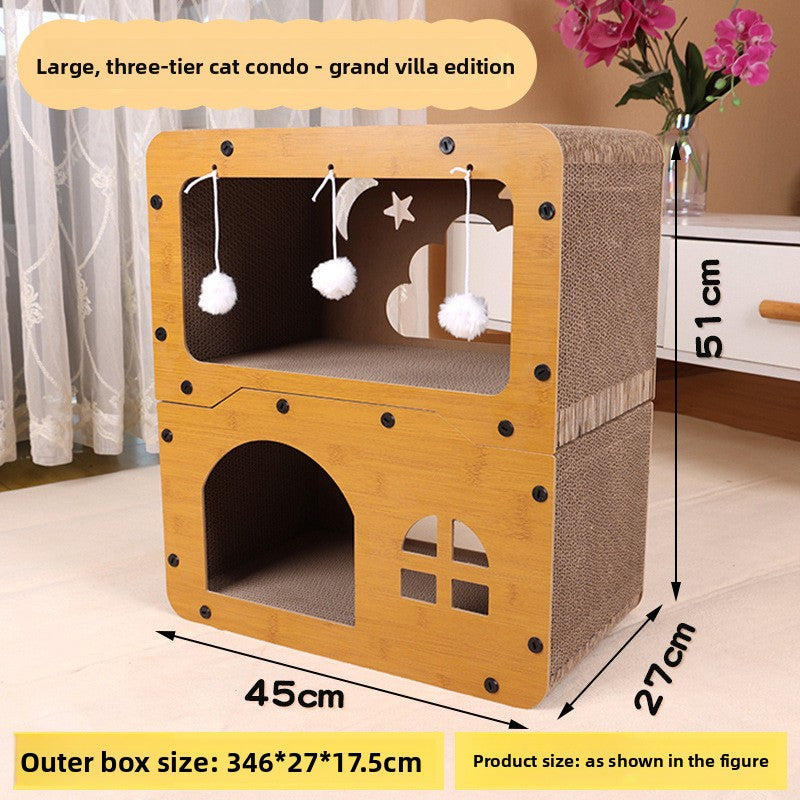 Cardboard cat house with built-in scratching board, close-up detail view