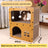 Cardboard cat house with built-in scratching board, close-up detail view