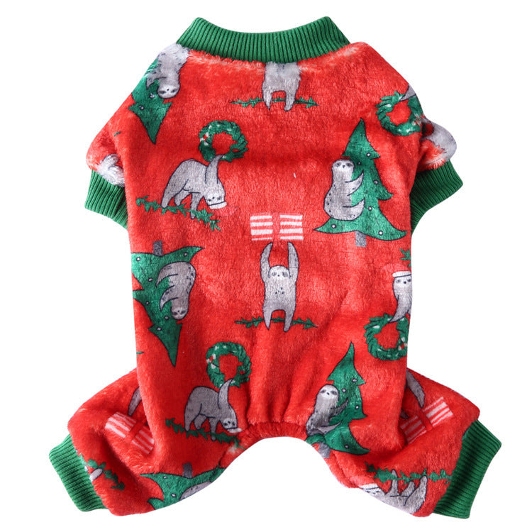 Coral fleece four-leg dog jumpsuit with holiday print in Red Style A, top view