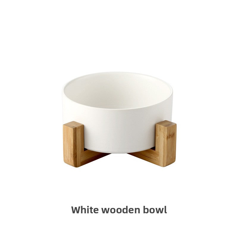 Green double ceramic pet bowl set with wooden stand