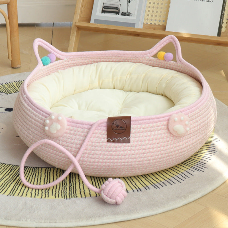 Handmade rattan cat bed with scratching board and ball