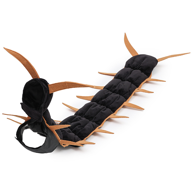 Cat wearing a long red embroidered centipede costume
