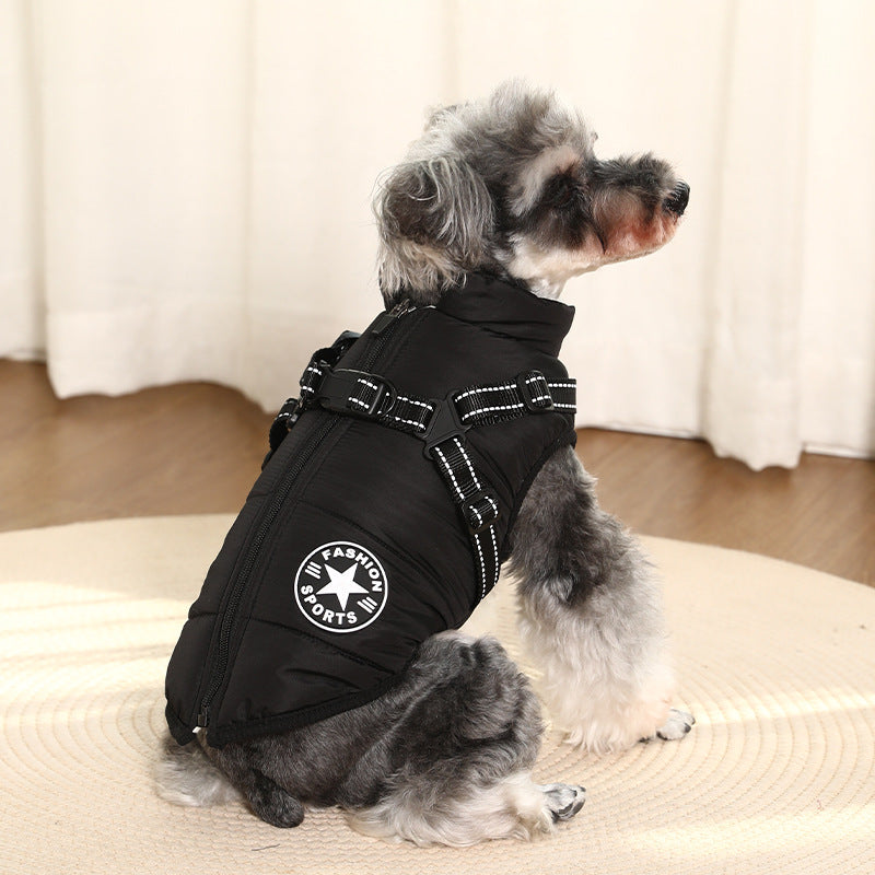 Padded cotton dog jacket with built-in lead vest in Grey, material detail