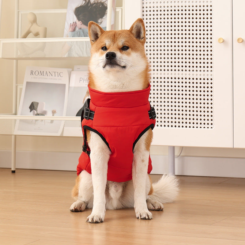 Warm padded cotton dog coat with reflective straps in Red, front view