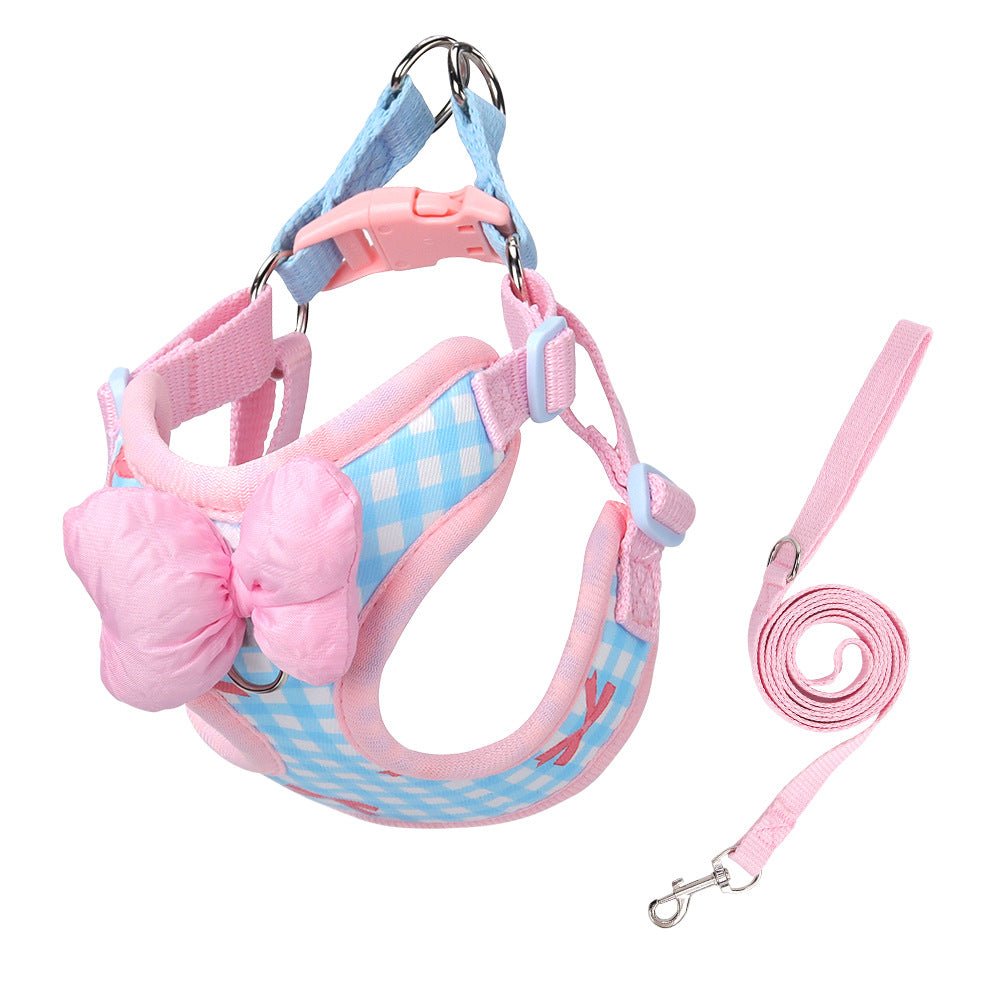 Plaid dog harness and lead with bow, available from Pet Royale UK
