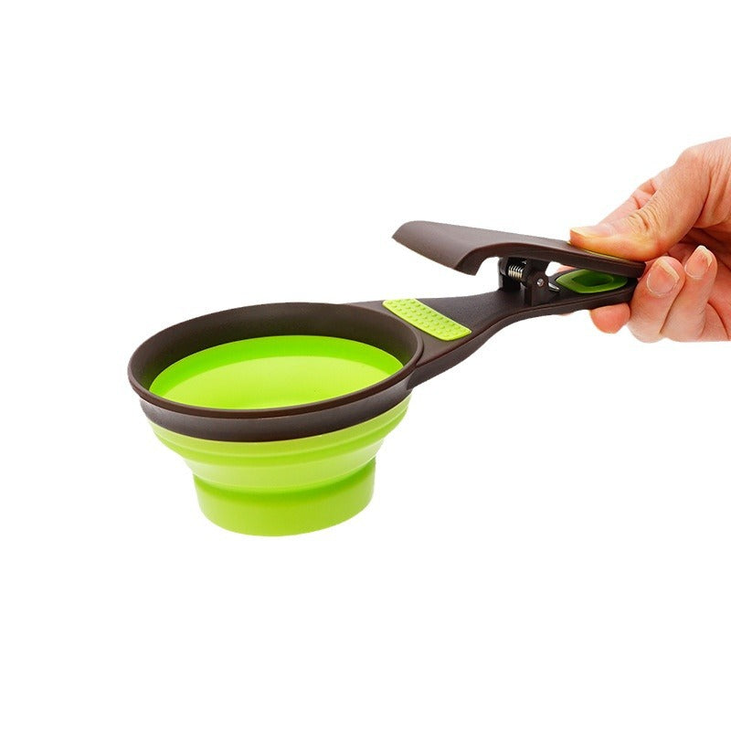 Foldable Silicone Pet Food Bowl with Scoop and Measuring Cup, Portable in Green or Pink