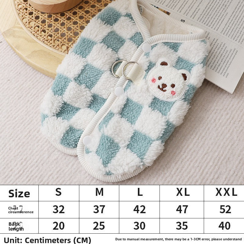 Fleece lined pet vest with back lead opening in Khaki Puppy, close-up detail