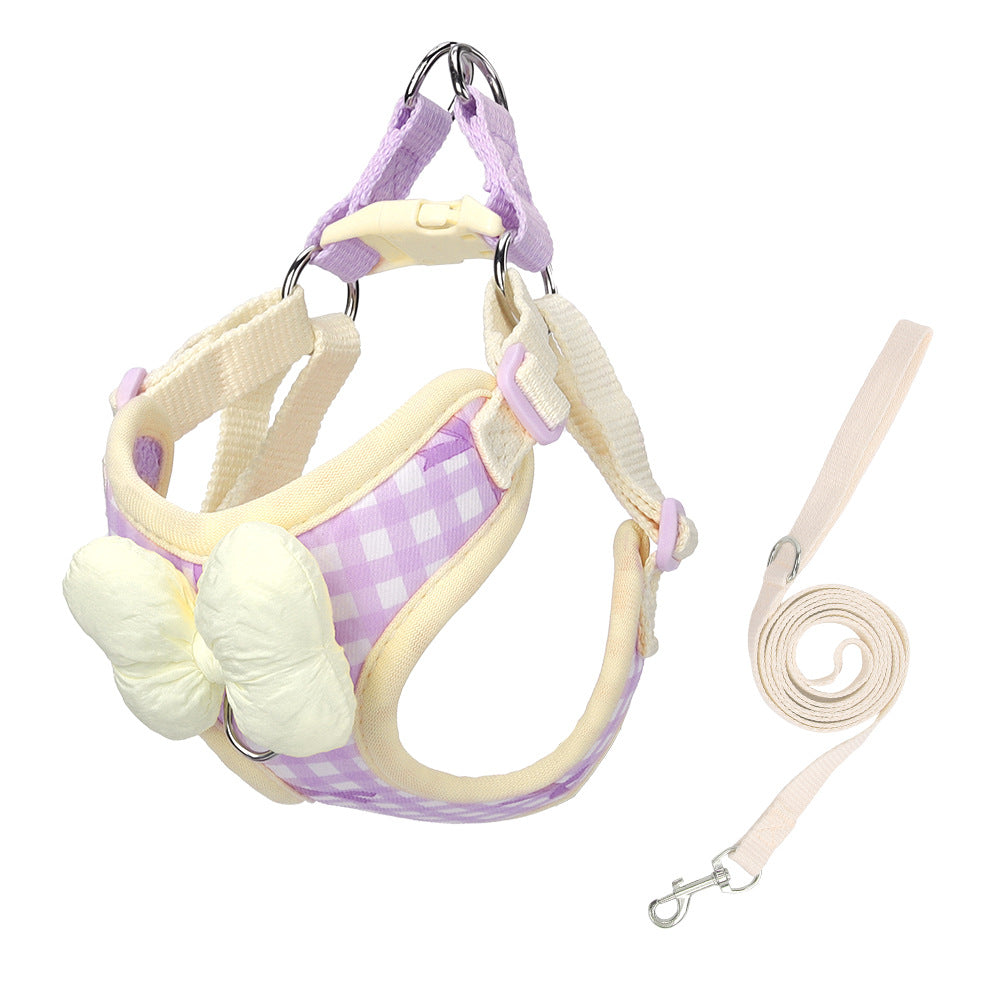 Plaid dog harness and lead with bow, 4 sizes available
