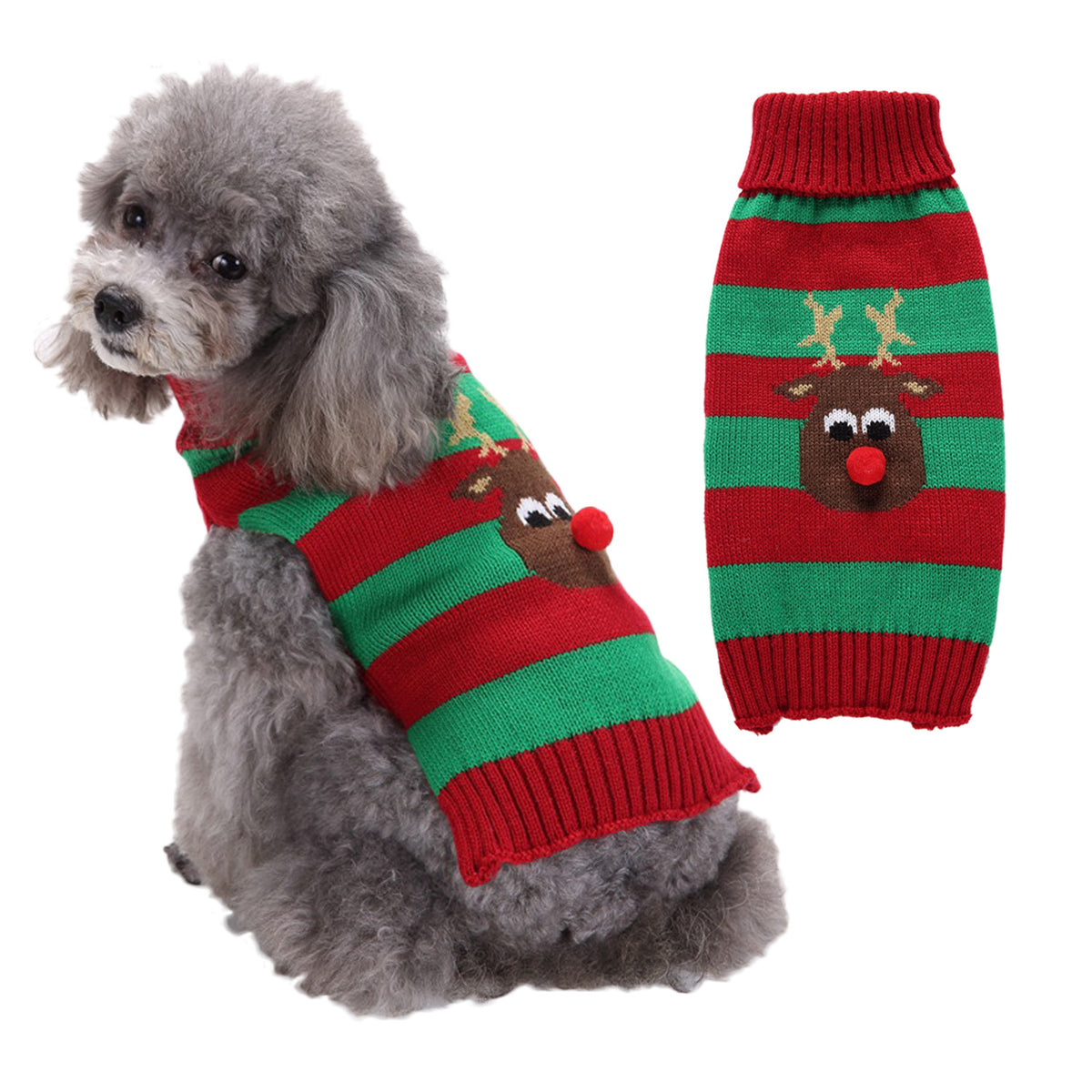 Christmas knitted dog jumper with festive pattern in Santa Claus, front view