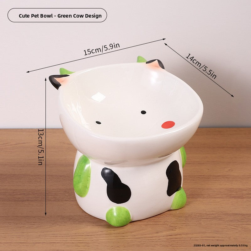 Ceramic Elevated Pet Bowl with Anti-Spill Slanted Opening and Double Ears in Cute Designs