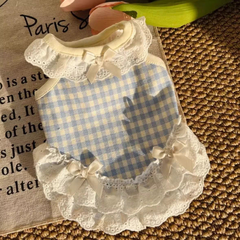 Blue check lace summer vest for small pets for dogs and cats, image 8