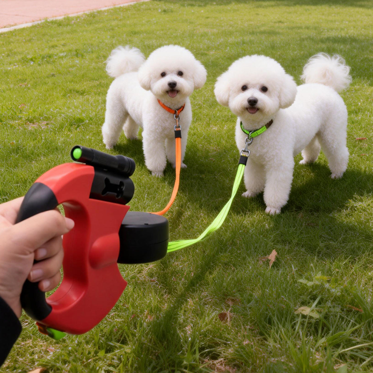 Reflective dual head retractable lead for two dogs, product image 1