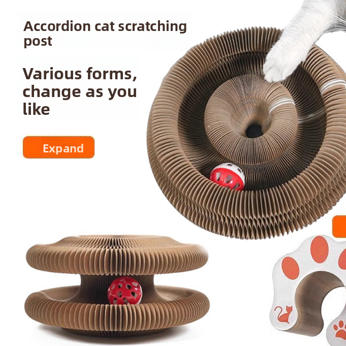 Foldable accordion cat scratcher with bell toy, main product photo