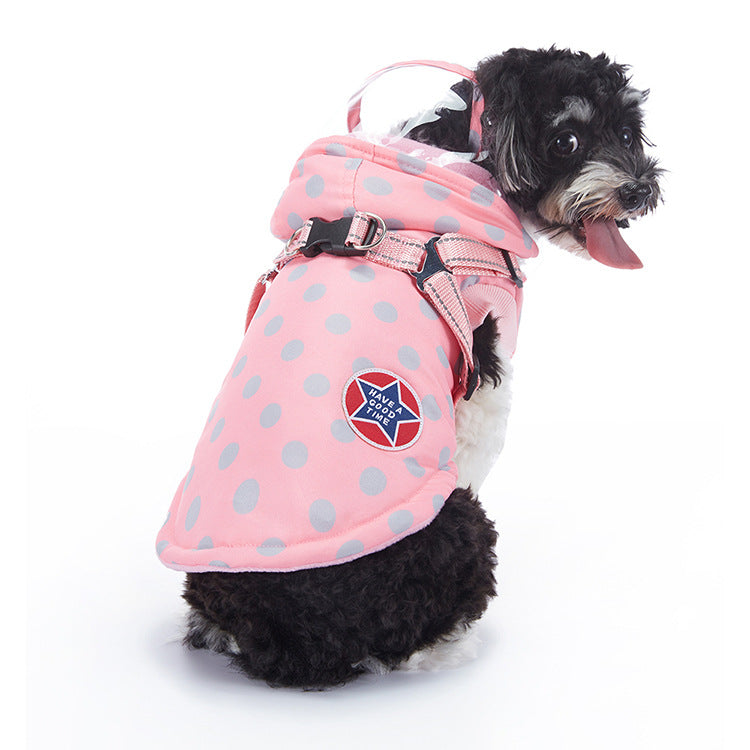 Reflective waterproof dog coat with lamb fleece lining in Blue, in use with a pet