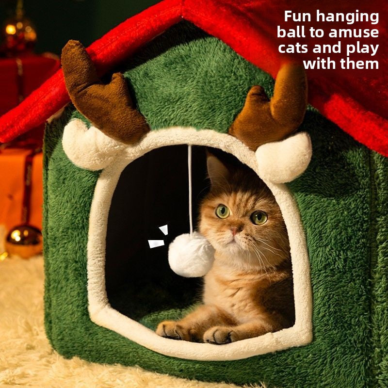 Enclosed horned pet nest bed, shown in 2 colours and styles