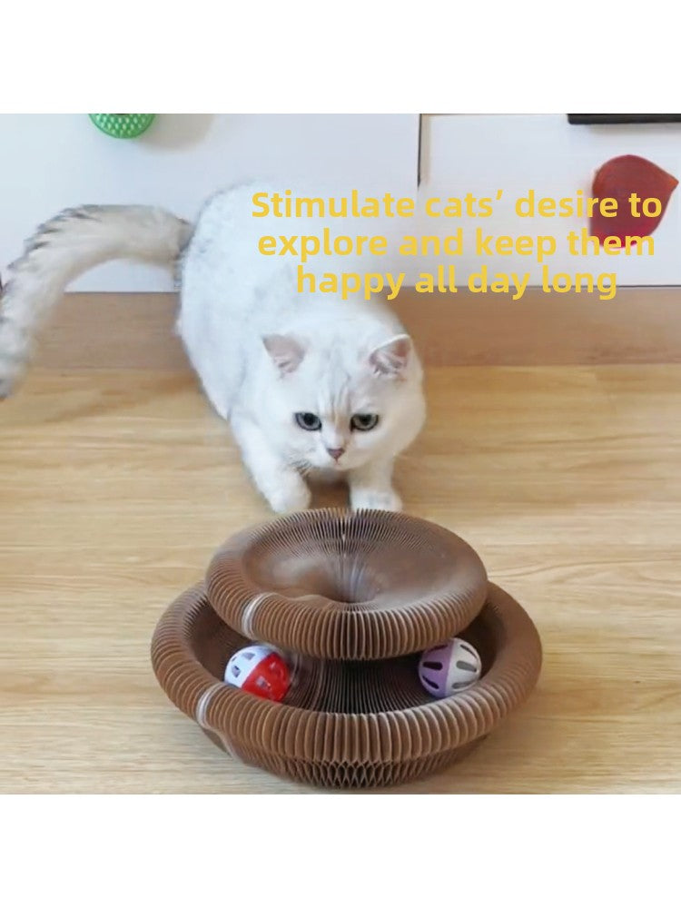 Round accordion corrugated cat scratcher toy with bell ball, view 5 of 10