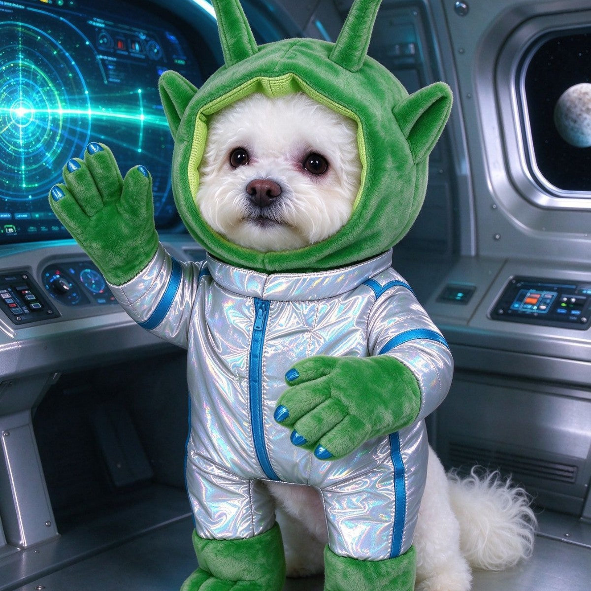 Small dog dressed in a funny green alien costume