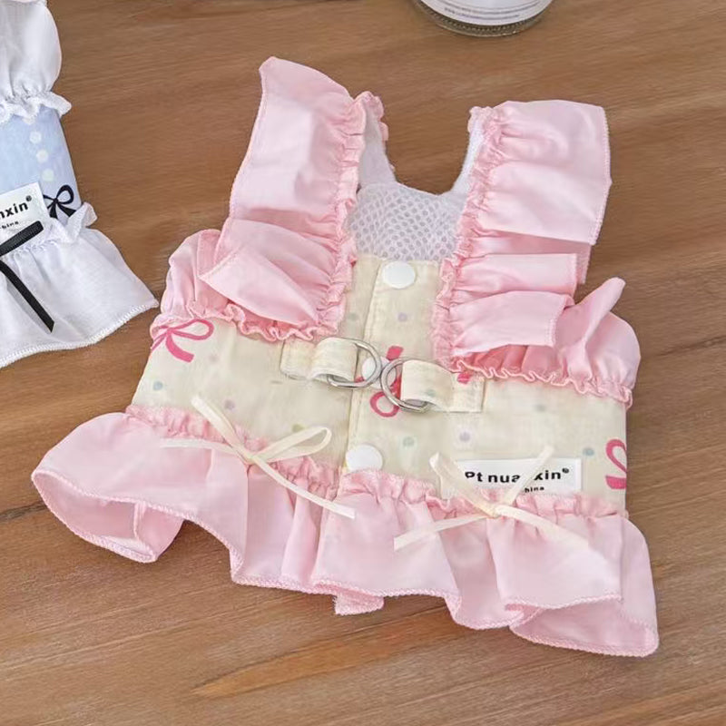 Princess cotton dog dress with matching lead, showing size and shape