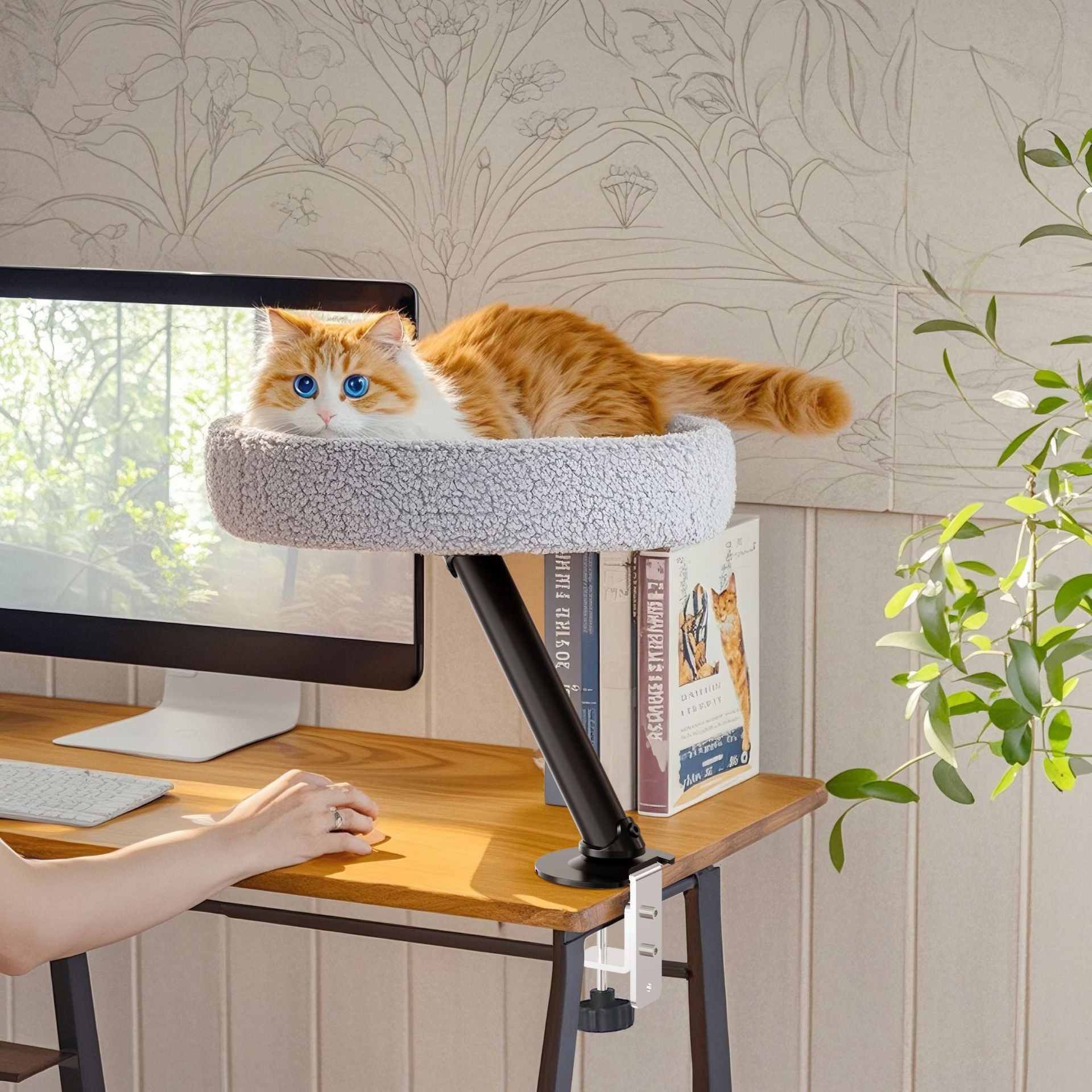 Light grey floating desktop cat bed on black wooden stand, photo 2