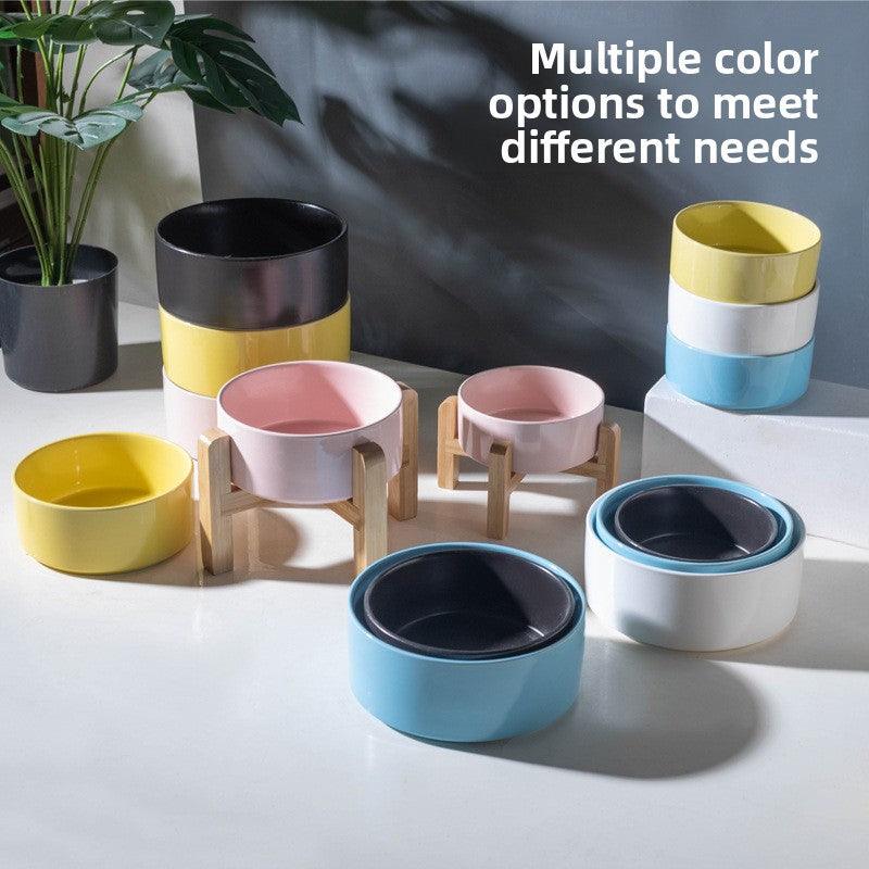 Elevated Ceramic Pet Feeding Bowl with Bamboo Stand, Anti-Spill Base in Five Colours