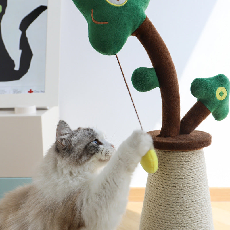Vertical cat scratching post with a hanging carrot toy