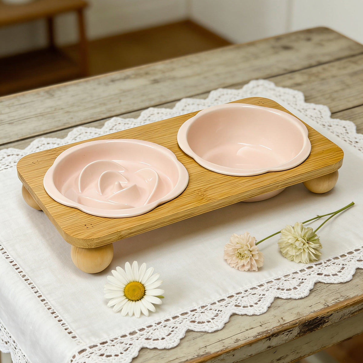 Slanted Ceramic Cat Bowl with Flower Design and Optional Stand for Neck Comfort