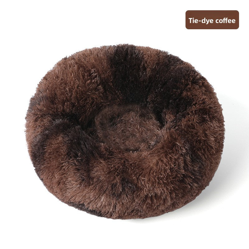 Plush round padded dog and cat bed in Tie-Dye Coffee