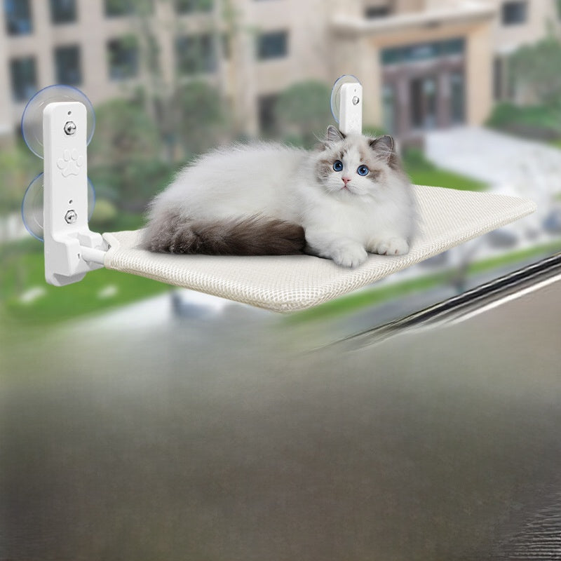 Cat lounging in a grey breathable window hammock