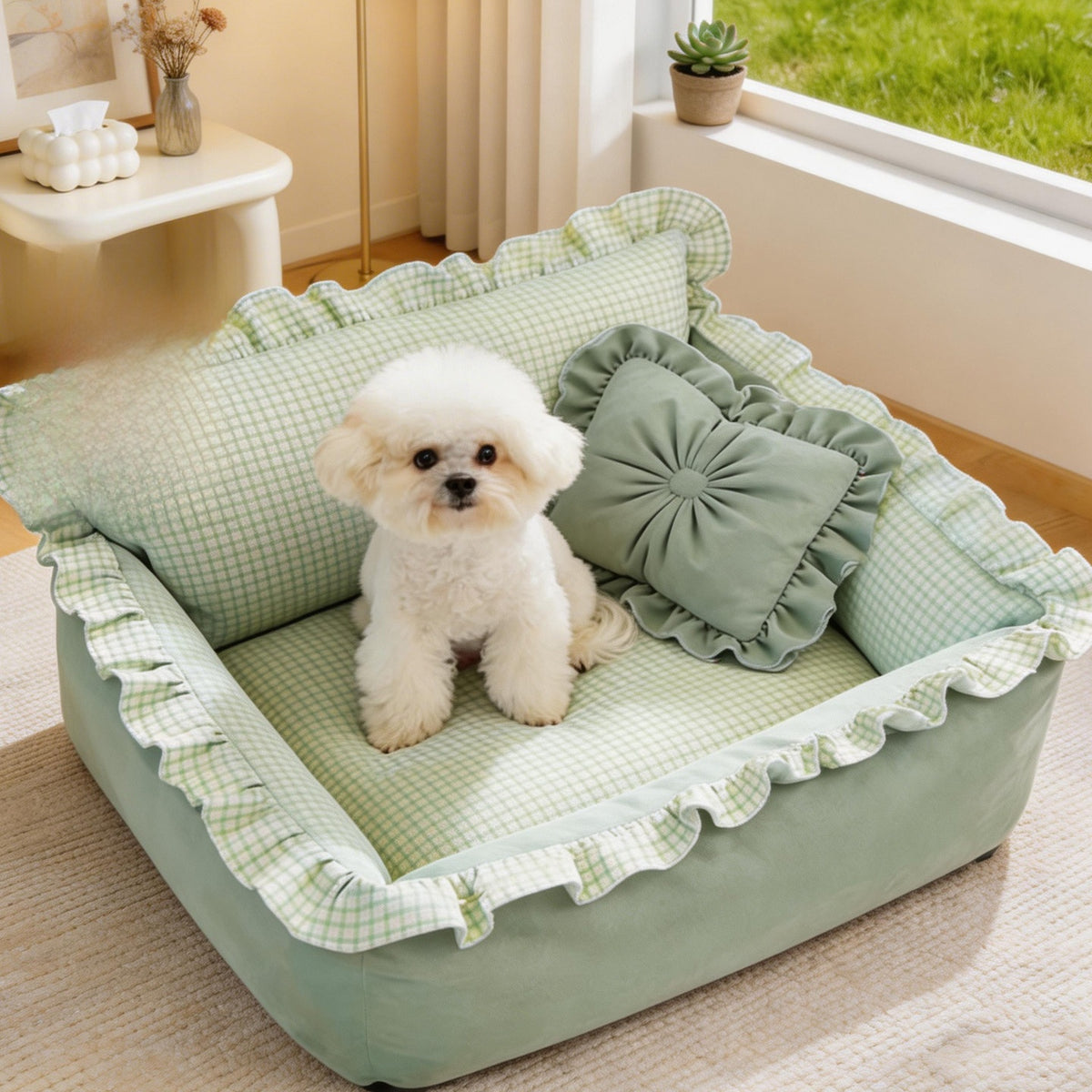 Square green washable dog bed with cooling bean mat, photo 15