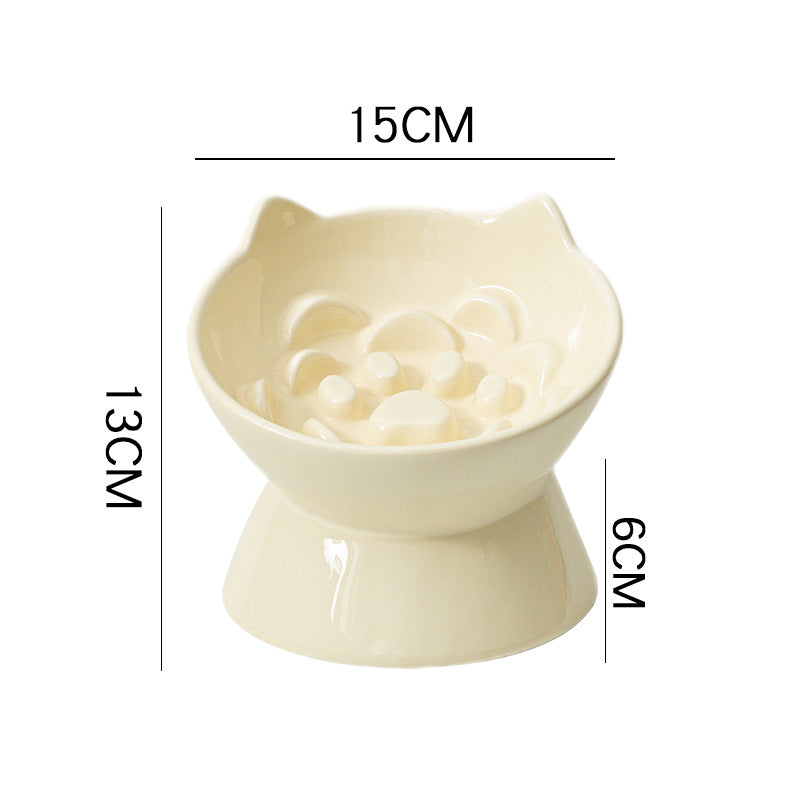 Ceramic High-Foot Cat Bowl with Slanted Rim, Slow-Feeding Feature and Ear Handles