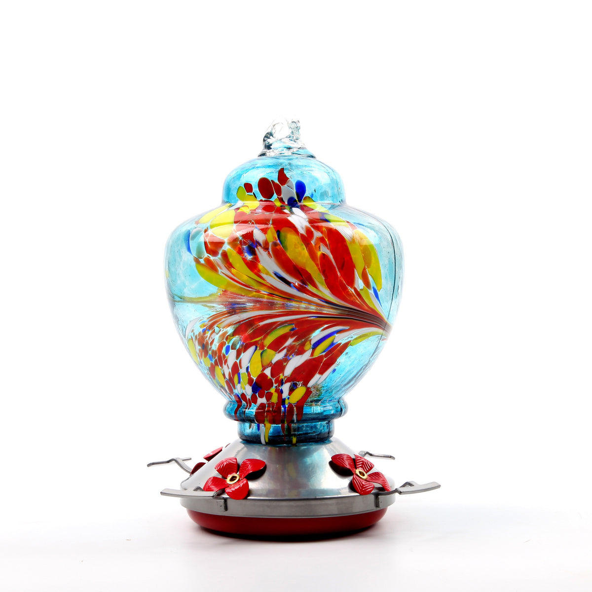 Hand-Painted Glass Hummingbird Feeder with Ant-Proof Hook, Metal Hanger and Cleaning Brush
