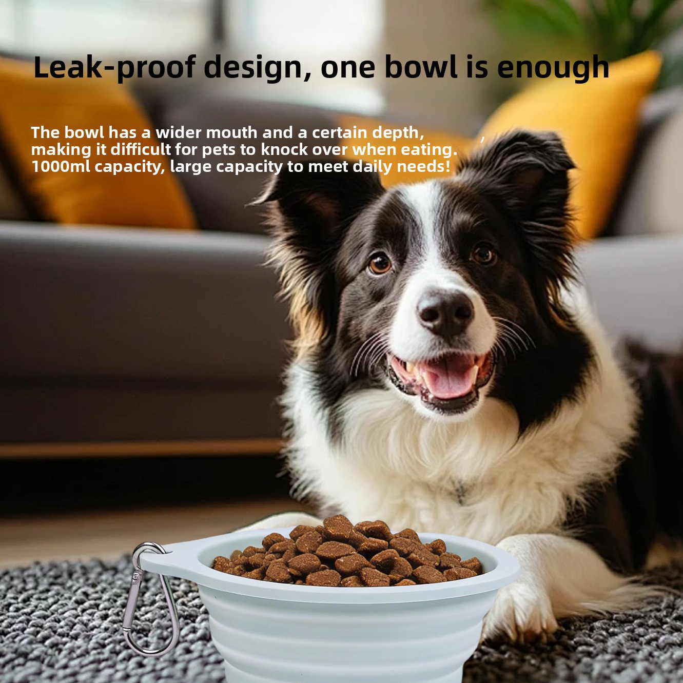 Foldable silicone pet bowl for dogs and cats in Yellow, close-up detail