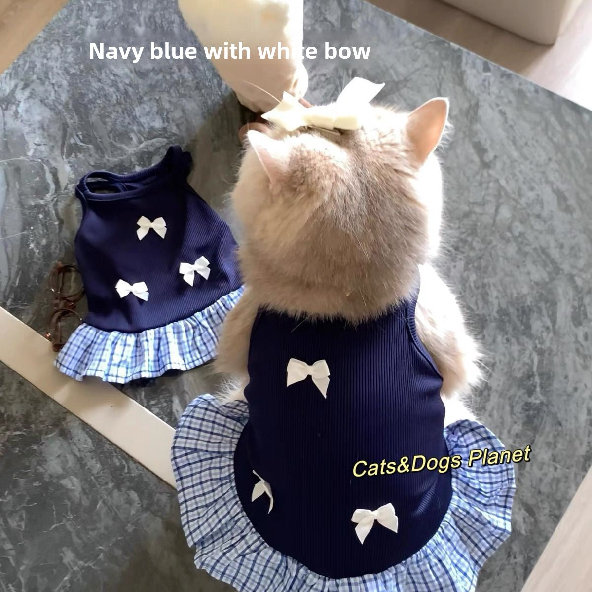 Blue bow strap summer dress for small pets for dogs and cats, image 1