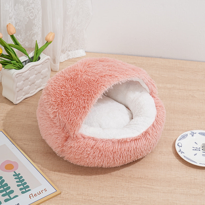Semi-enclosed shell cat bed with plush lining, detail photo 12