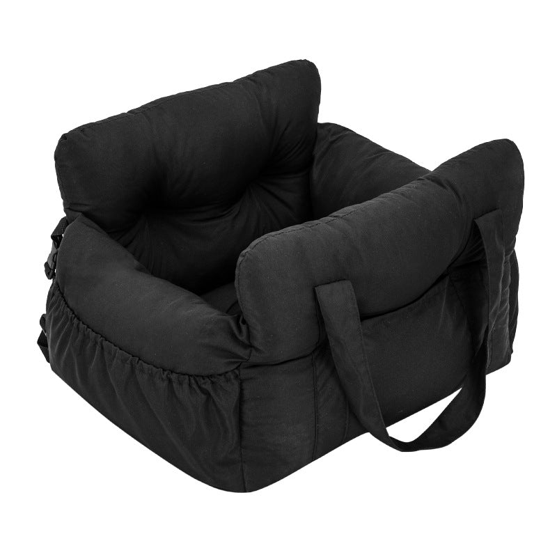 Dark grey padded dog car booster seat bed with strap, view 14