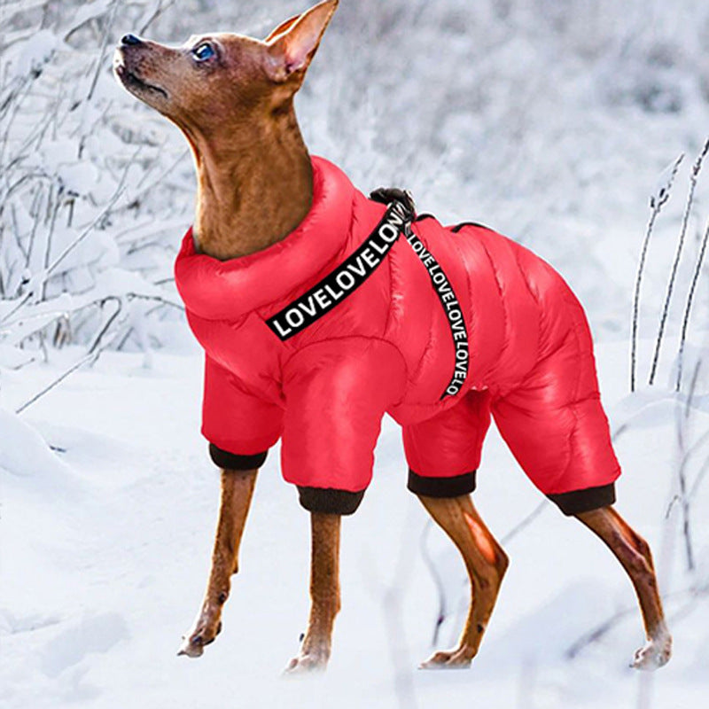 Fleece lined four-leg padded dog coat in Red, close-up detail