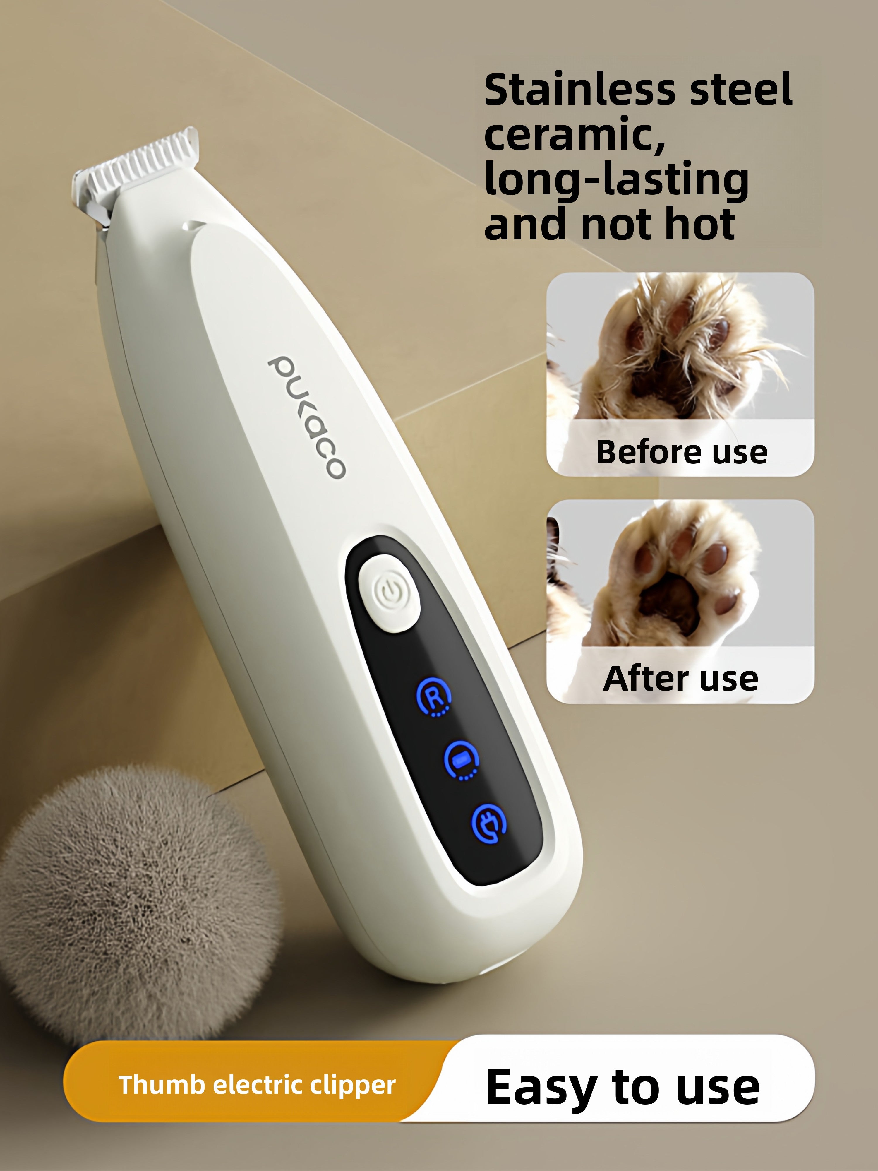 Thumb-Grip Pet Hair Clipper with Wide Blade Head, Quiet USB Kit