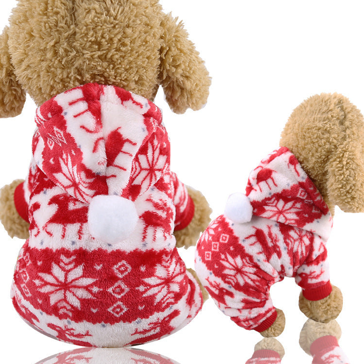 Coral velvet Christmas dog jumper with reindeer print in Red Elk, material detail